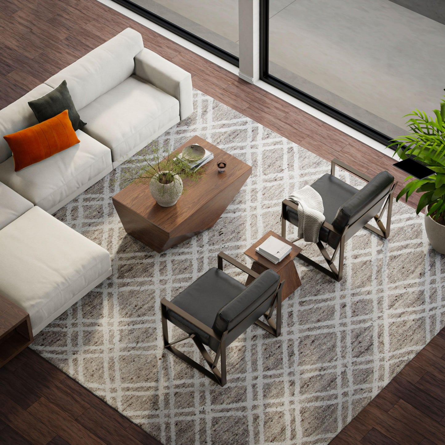 8' x 10' rug on the floor, contemporary style.
