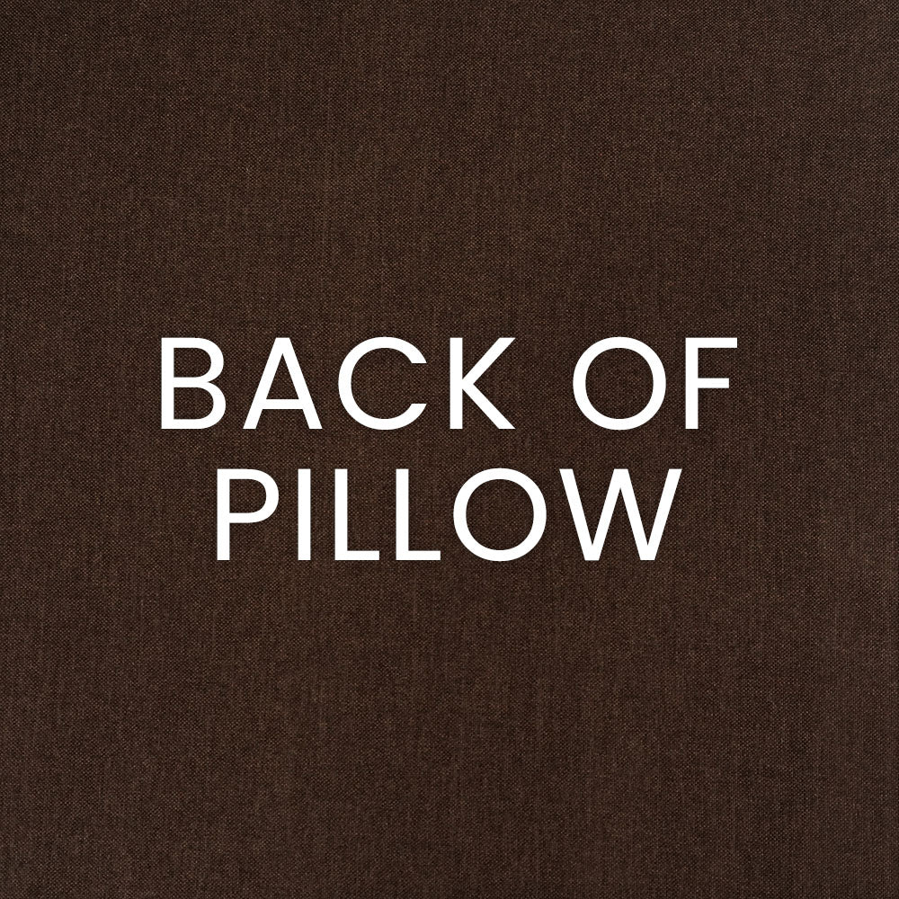 Brown textured pillow fabric backdrop with white BACK OF PILLOW lettering.