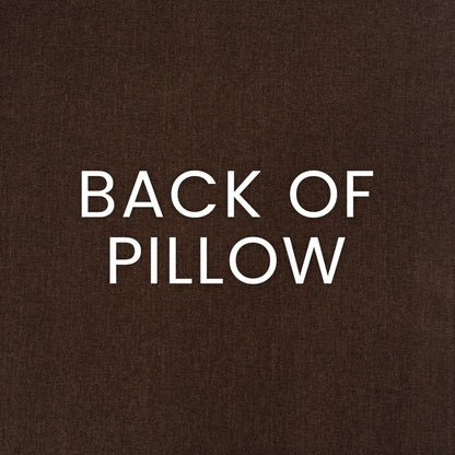 Brown textured pillow fabric backdrop with white BACK OF PILLOW lettering.