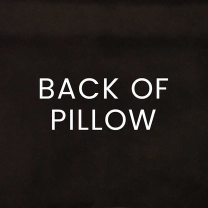Dark chocolate brown pillow back with bold white text 'BACK OF PILLOW' on plain fabric.