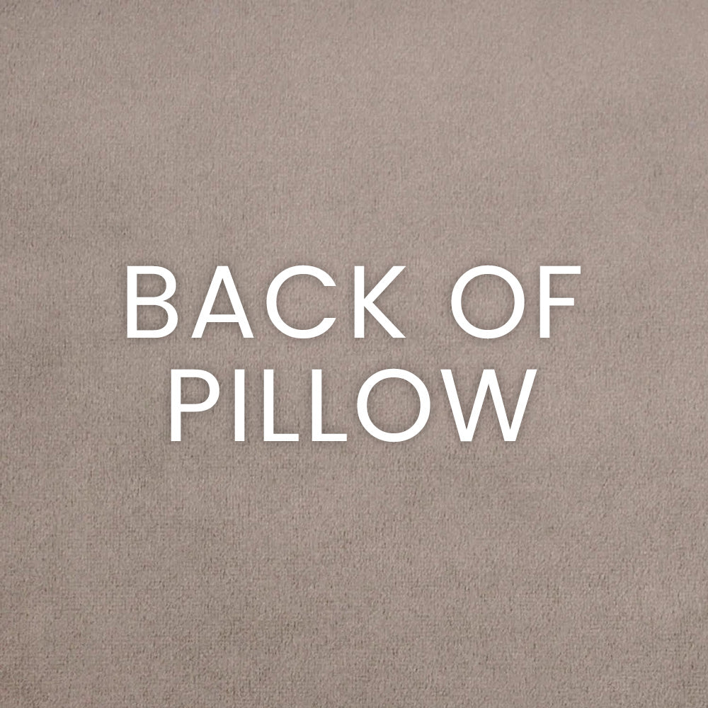 Taupe textured pillow fabric with white 'BACK OF PILLOW' text.
