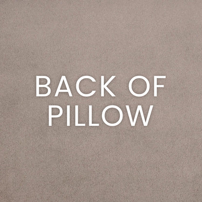 Taupe textured pillow fabric with white 'BACK OF PILLOW' text.