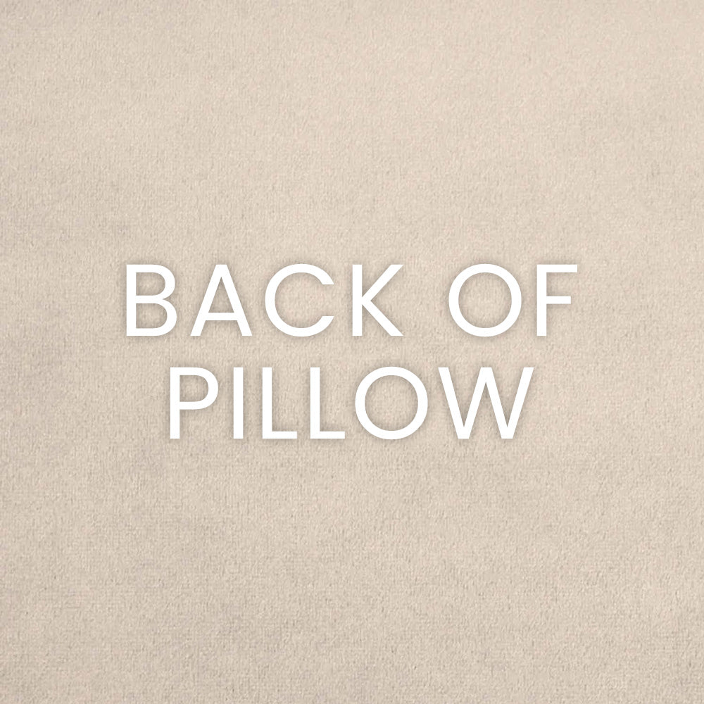 Beige textured pillow back with white BACK OF PILLOW lettering
