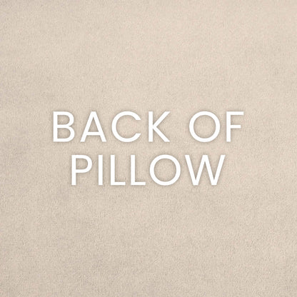 Beige textured pillow back with white BACK OF PILLOW lettering