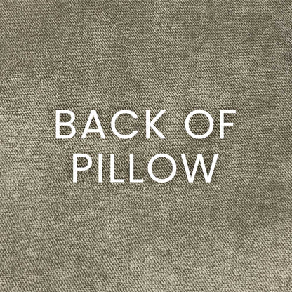 Back of pillow in driftwood gray textured woven fabric.