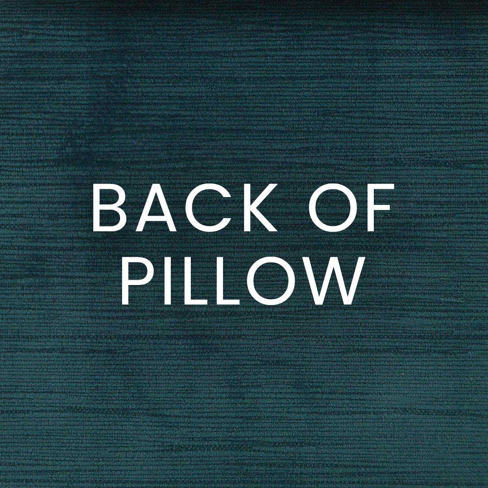 Back of pillow in azure blue textured fabric with large white BACK OF PILLOW text.