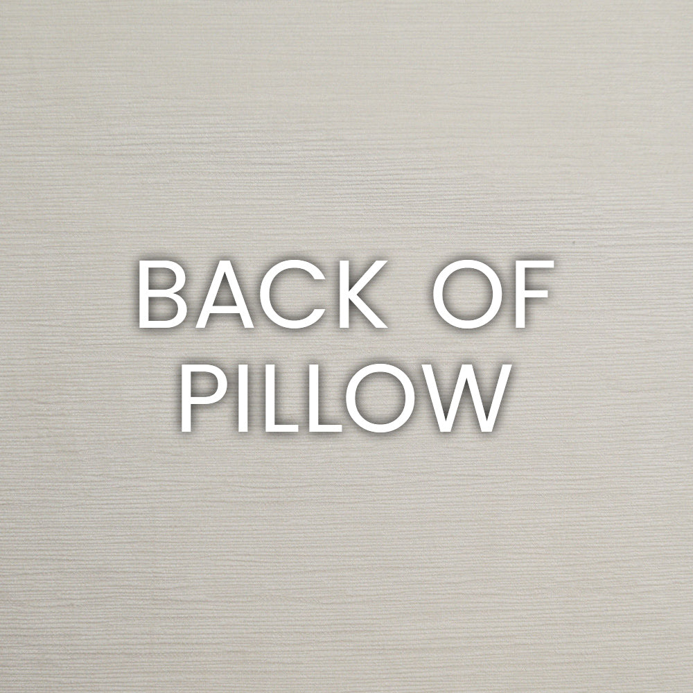 Beige textured fabric background with bold white BACK OF PILLOW lettering; neutral, minimalist style.