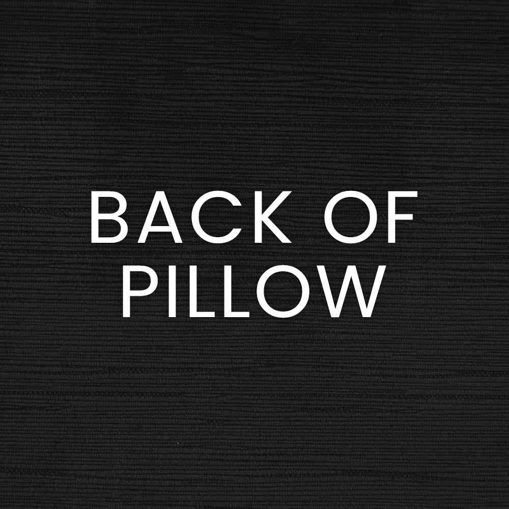 Black textured background with bold white 'BACK OF PILLOW' lettering, indicating the pillow's reverse side.