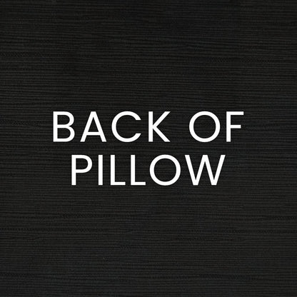 Black textured background with bold white 'BACK OF PILLOW' lettering, indicating the pillow's reverse side.