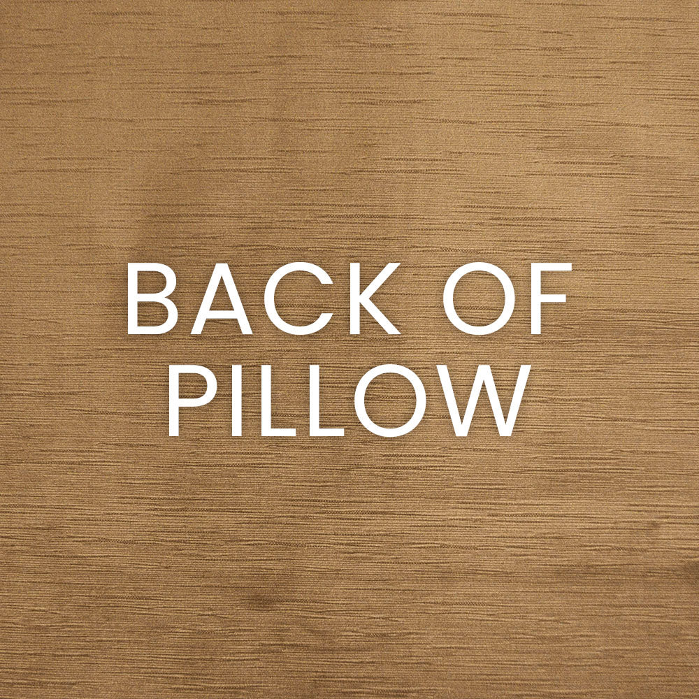 Bronze wood-grain background with white text reading "BACK OF PILLOW".
