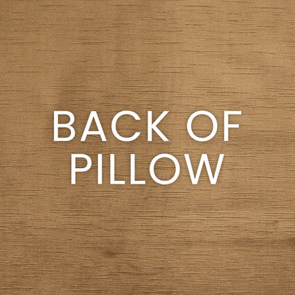 Bronze wood-grain background with white text reading "BACK OF PILLOW".