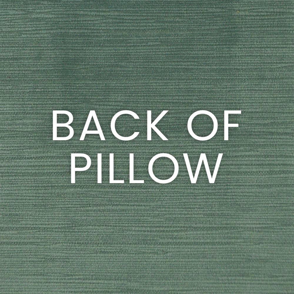 Green textured pillow back fabric with white BACK OF PILLOW lettering.