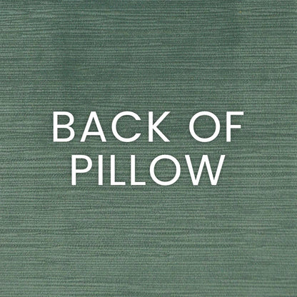 Green textured pillow back fabric with white BACK OF PILLOW lettering.