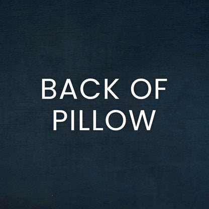Navy blue textured fabric with white BACK OF PILLOW text indicating the pillow's reverse side.