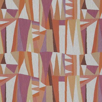 Geometric woven fabric with orange, peach, pink, purple and beige triangles in a mid-century pattern for upholstery.