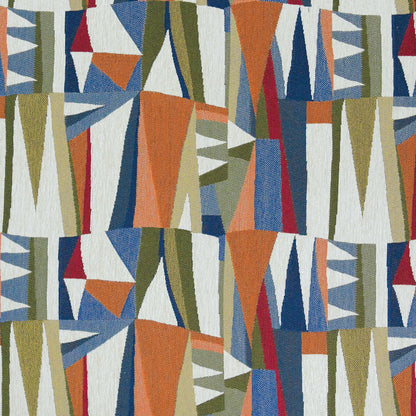 Abstract geometric fabric pattern with orange, teal, blue, olive-green and cream triangles; retro modern style.
