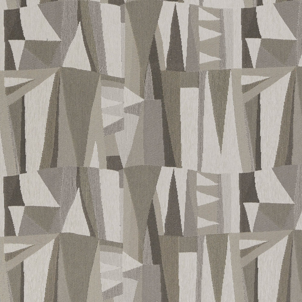 Geometric abstract fabric in beige, taupe and cream tones with triangular blocks; modern mid-century decor.