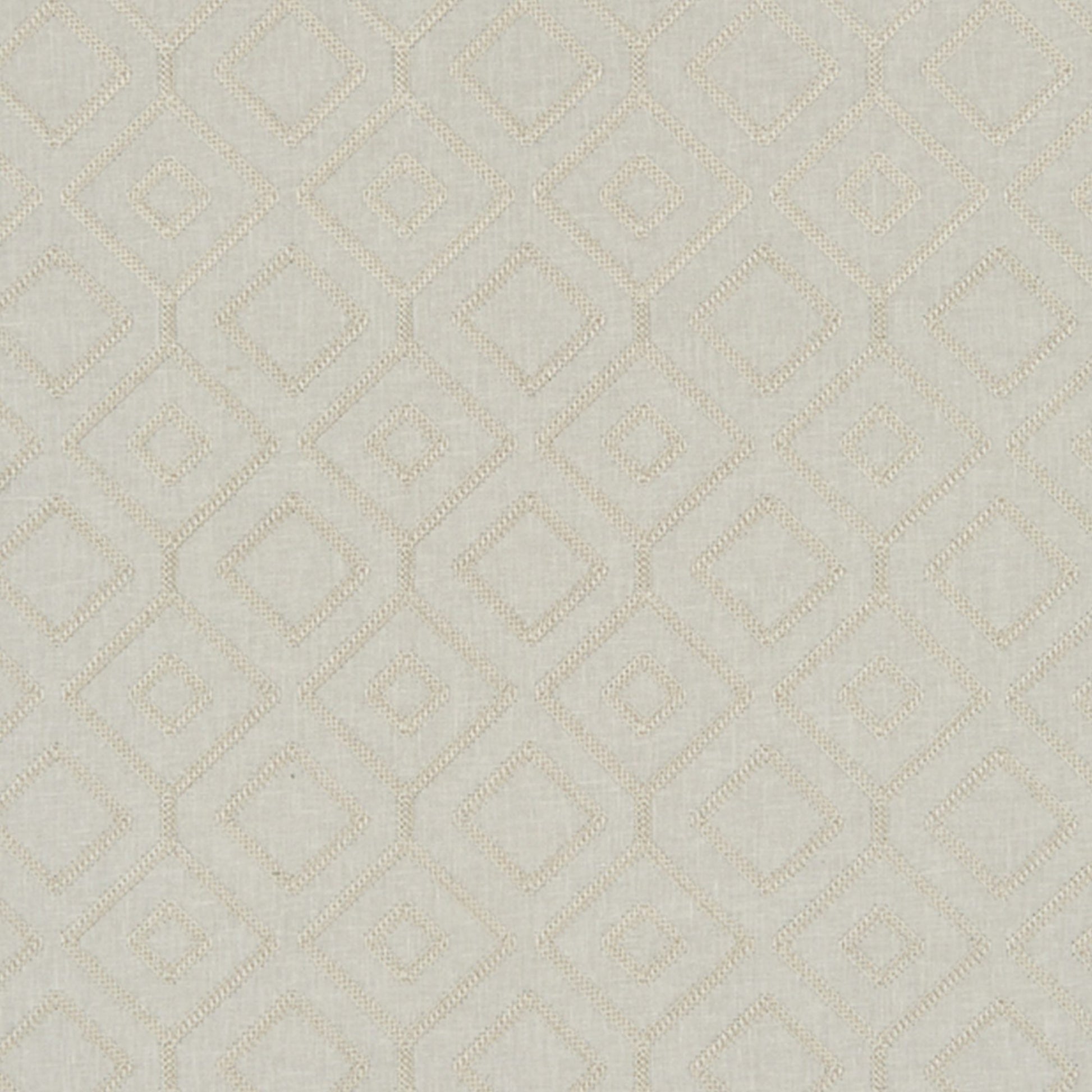 Beige textured fabric with a subtle cream geometric diamond lattice embroidery pattern.