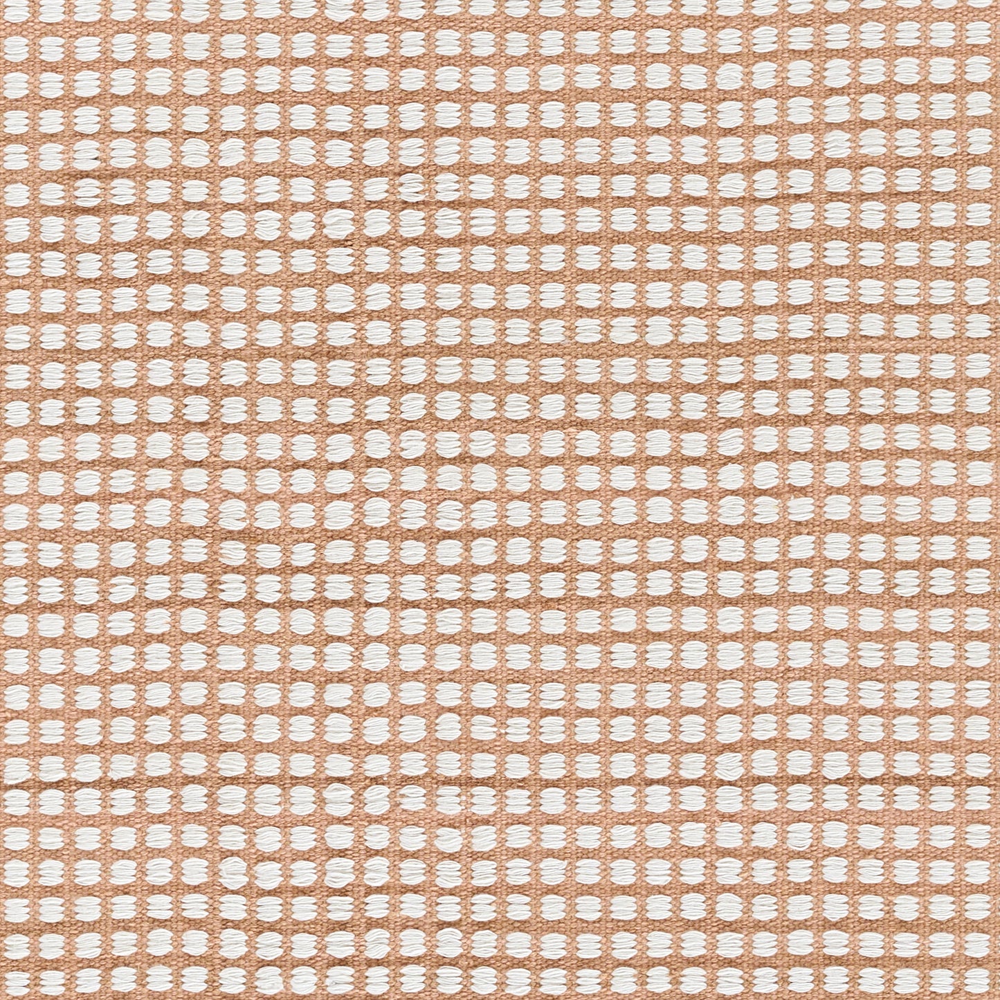 Soft pink woven rug runner (2' x 8') with a small white dot grid pattern.