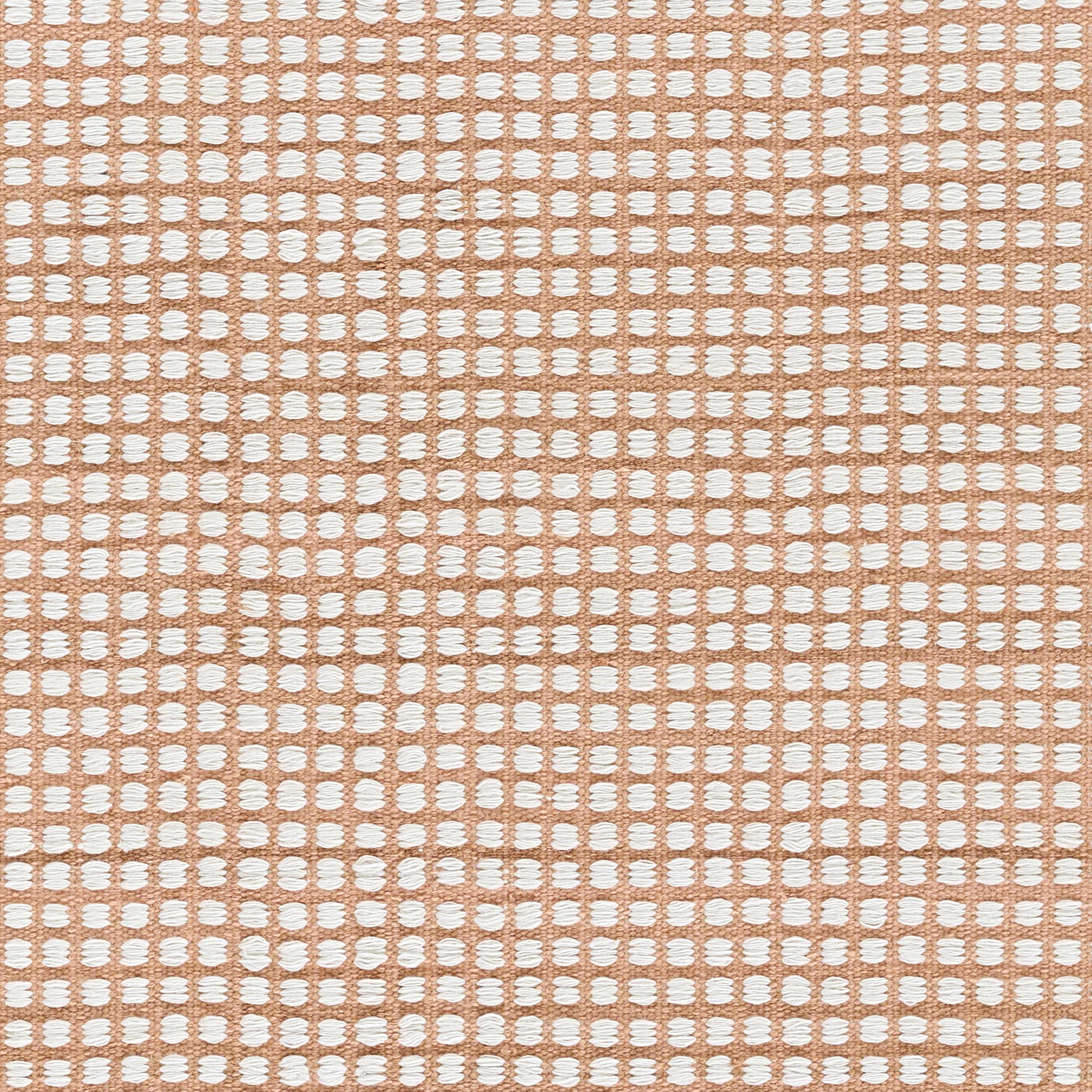 Soft pink woven rug runner (2' x 8') with a small white dot grid pattern.