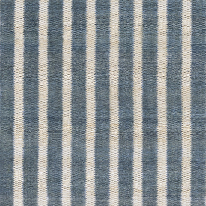 Blue & cream striped rug with soft loop pile texture, vertical stripes for casual coastal style.