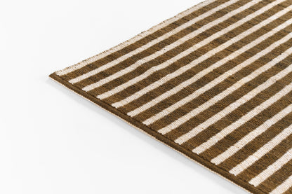 Brown and beige striped woven rug with fringed edges, rectangular casual living room rug.