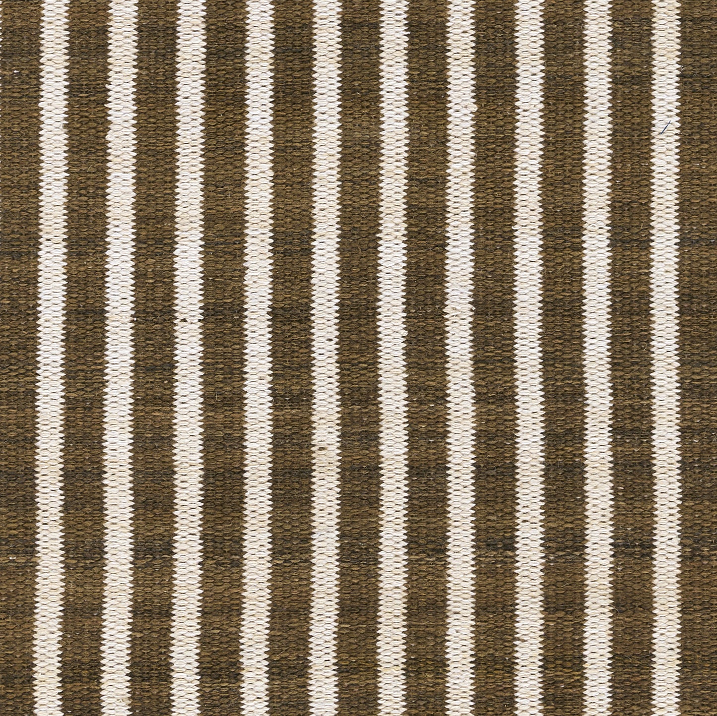 Natural-fiber woven rectangular rug with dark brown and cream vertical stripes; rustic, versatile floor decor.