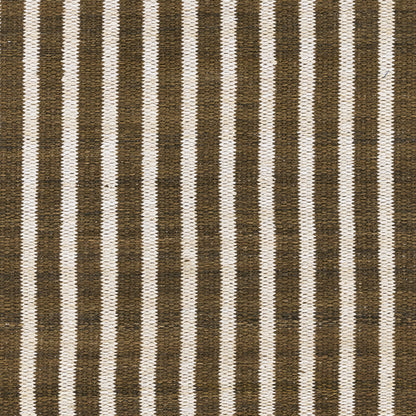 Natural-fiber woven rectangular rug with dark brown and cream vertical stripes; rustic, versatile floor decor.