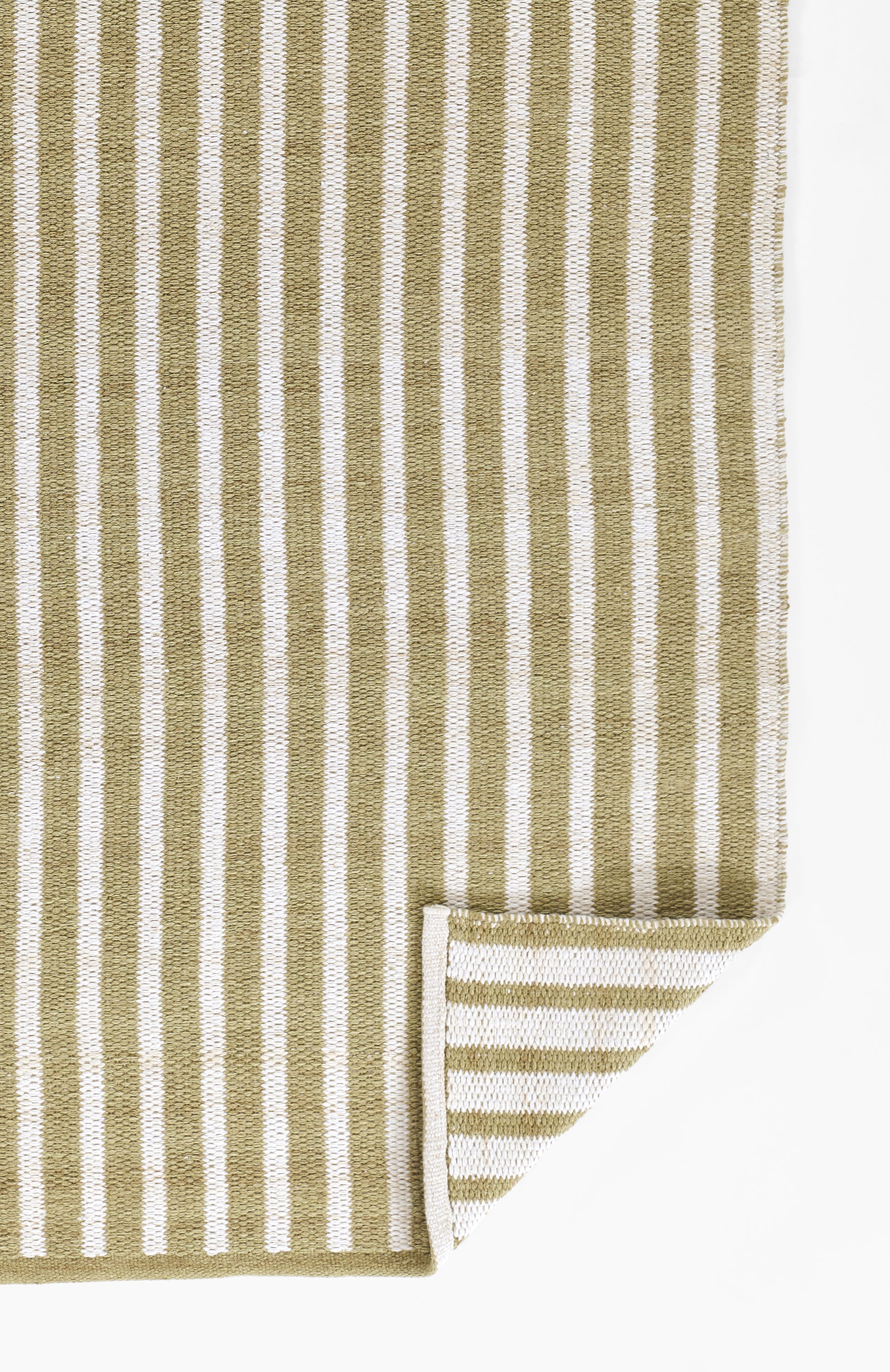 Khaki-green and white striped woven rug with folded corner.