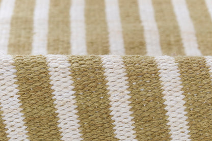 Close-up of khaki and white striped woven textile with chunky braided yarn.