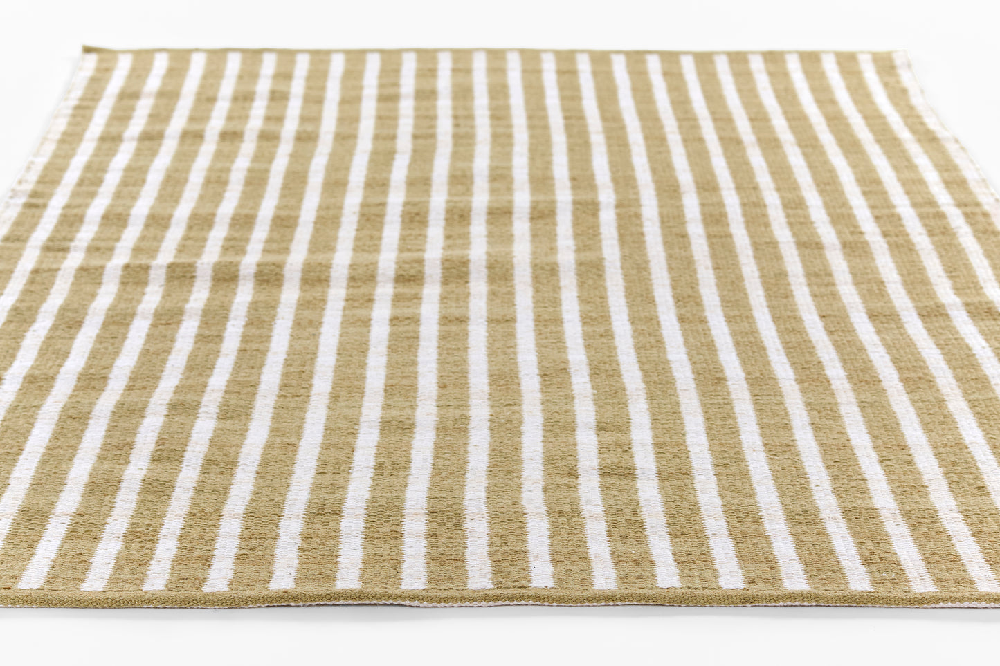 Beige and white striped woven rug, rectangular, casual coastal style for living room or entry.