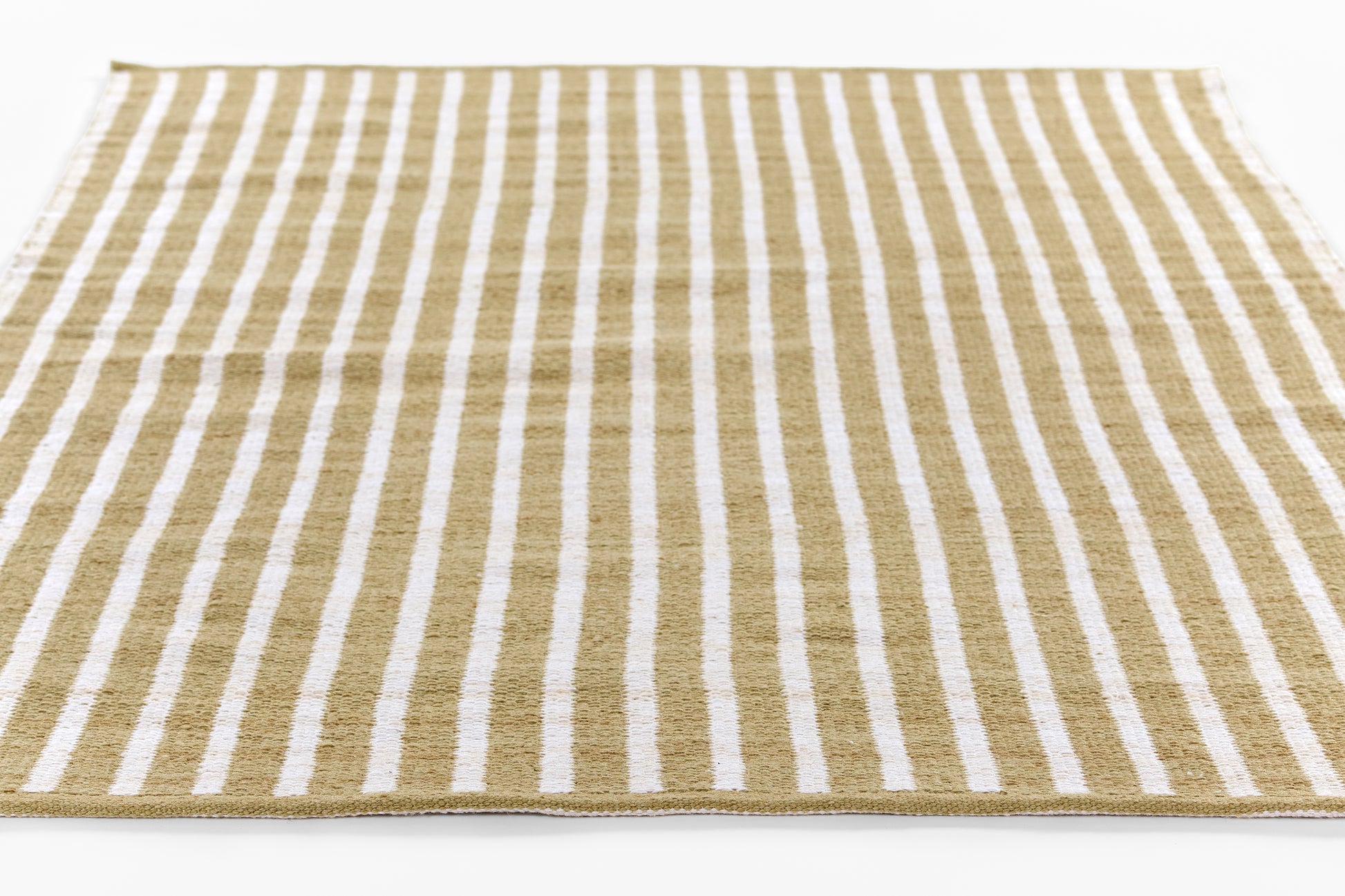 Beige and white striped woven rug, rectangular, casual coastal style for living room or entry.