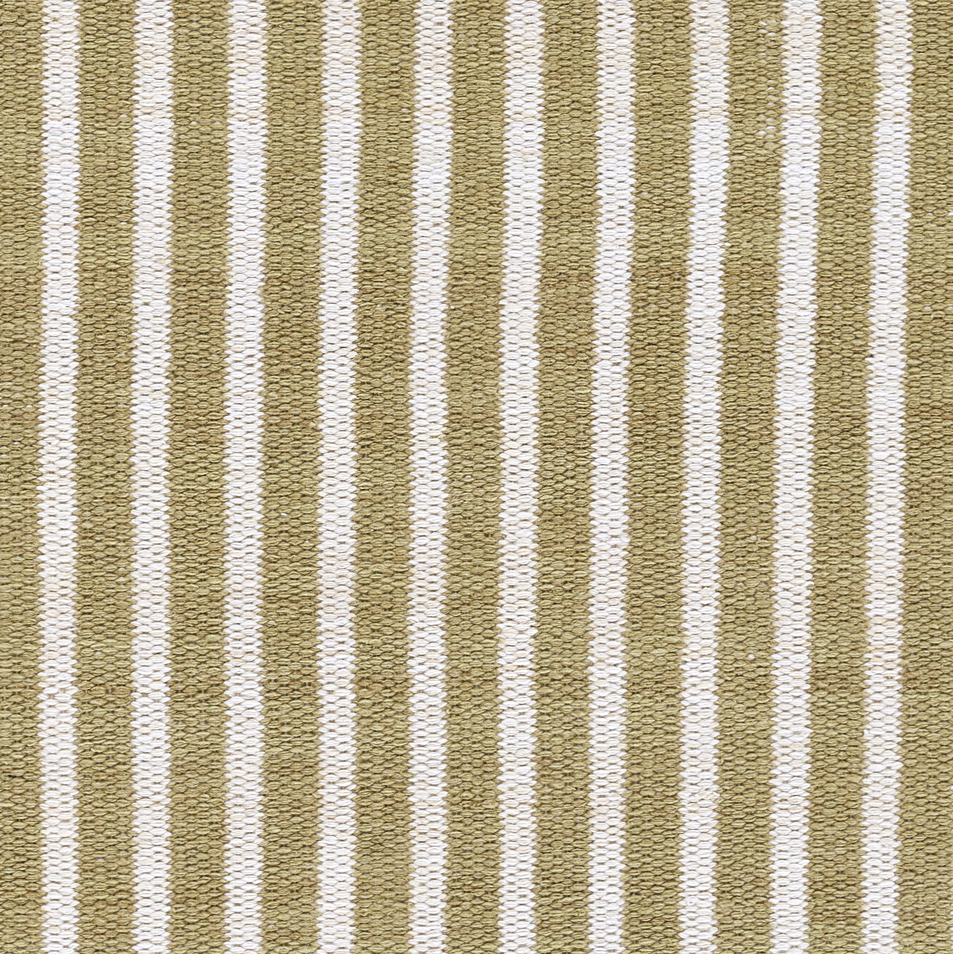 Rectangular natural jute rug with olive green and white vertical stripes; textured woven surface.