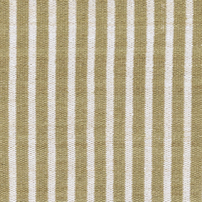 Rectangular natural jute rug with olive green and white vertical stripes; textured woven surface.