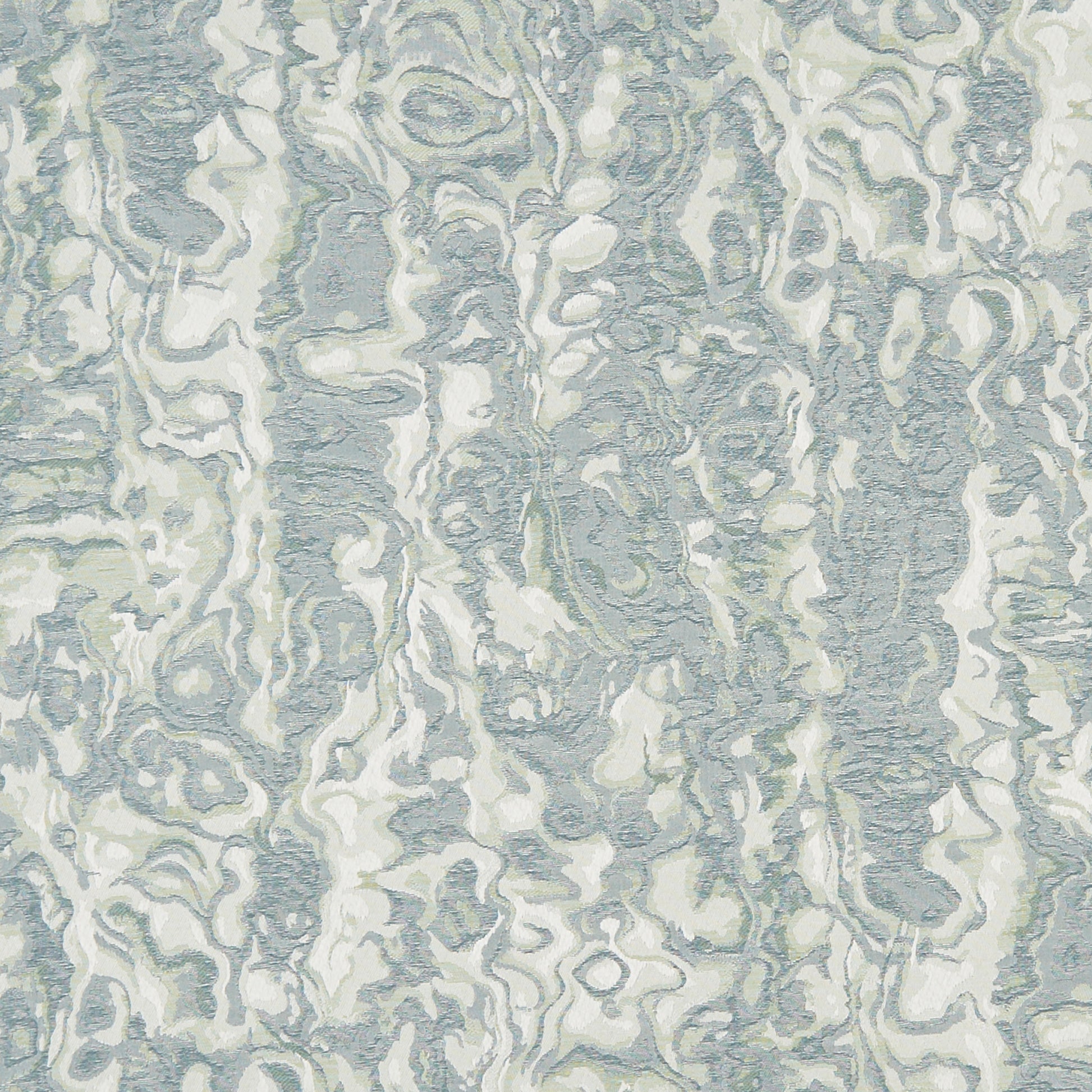 Caicos pattern: pale blue-gray and ivory marbled fabric texture with flowing organic swirls, suitable for upholstery or drapery.