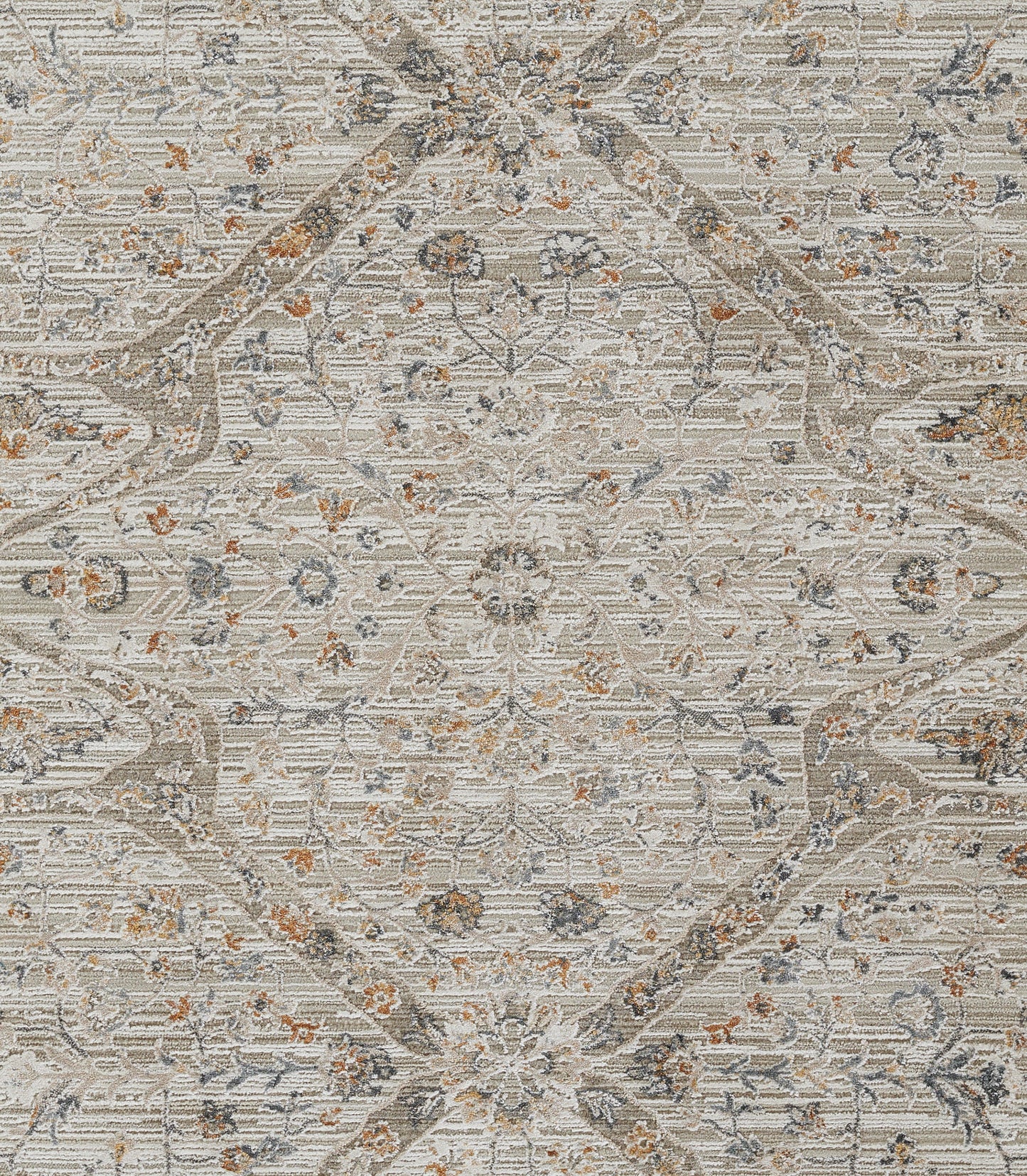 Beige oriental area rug with muted blue-gray floral medallions and rust accents; vintage-style decorative motif.