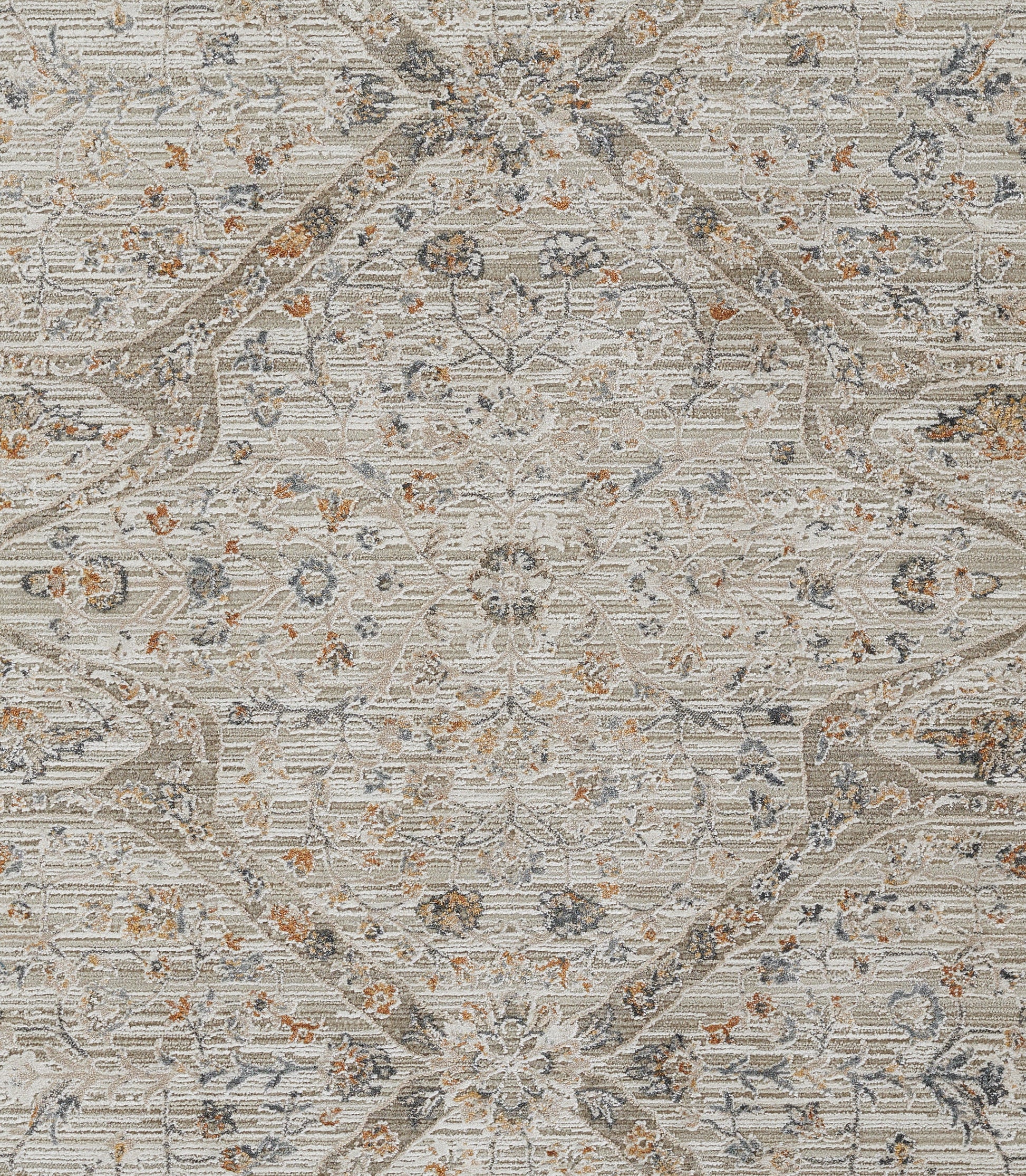 Beige oriental area rug with muted blue-gray floral medallions and rust accents; vintage-style decorative motif.