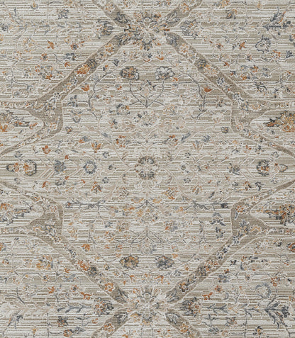 Beige oriental area rug with muted blue-gray floral medallions and rust accents; vintage-style decorative motif.