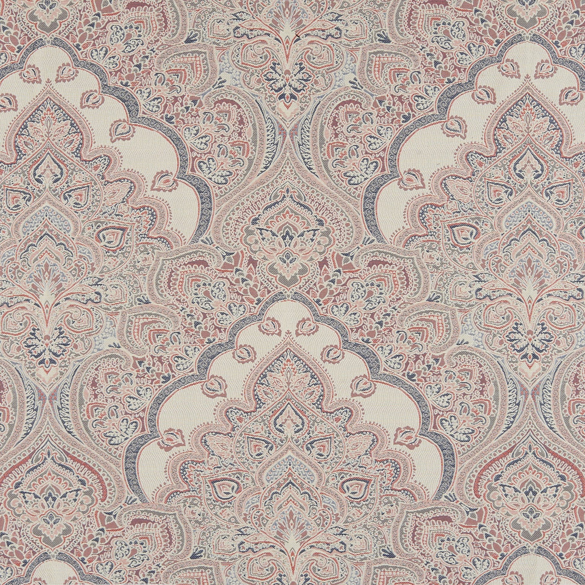 Pink damask fabric with a jacquard texture; ornate symmetrical floral medallions & a luxurious textile look.