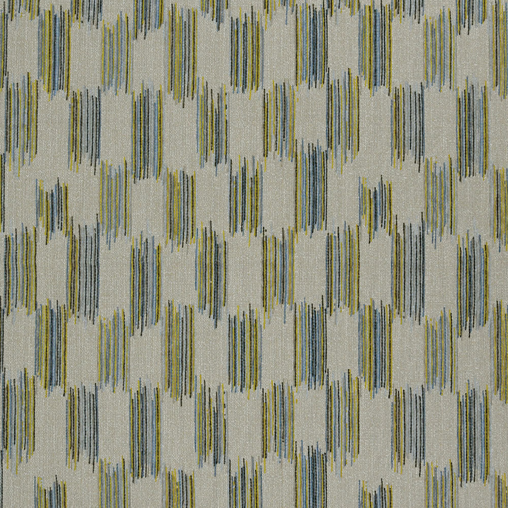 Beige fabric with vertical brushstroke dashes in olive, blue-gray, and mustard, repeating geometric ikat-like pattern.