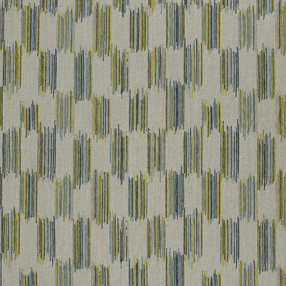 Beige fabric with vertical brushstroke dashes in olive, blue-gray, and mustard, repeating geometric ikat-like pattern.