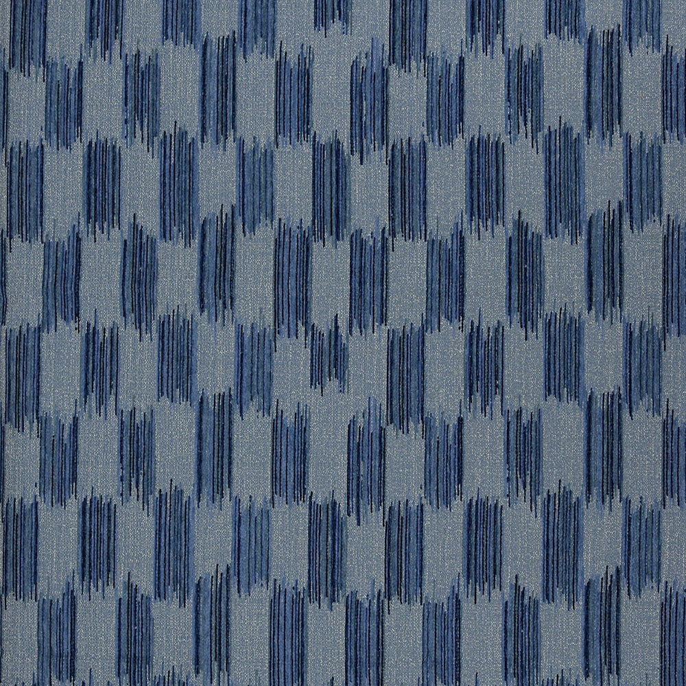 Indigo geometric upholstery fabric with repeating vertical brushstroke columns forming oval motifs.