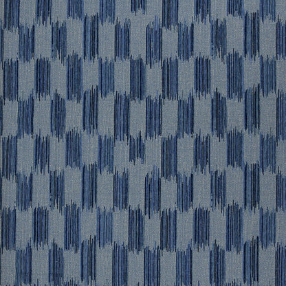 Indigo geometric upholstery fabric with repeating vertical brushstroke columns forming oval motifs.