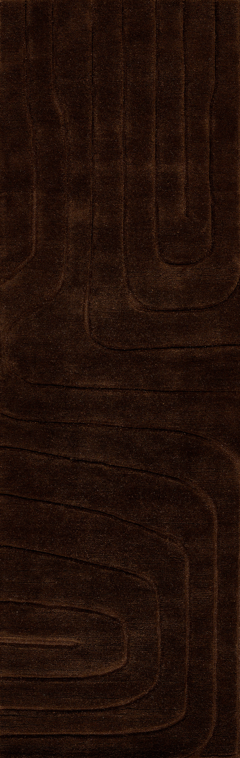 Dark brown plush rug with subtle embossed curved-line pattern; soft, modern area rug for living spaces.