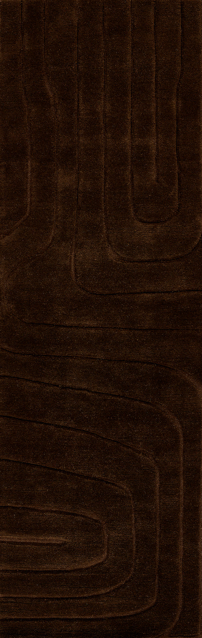 Dark brown plush rug with subtle embossed curved-line pattern; soft, modern area rug for living spaces.