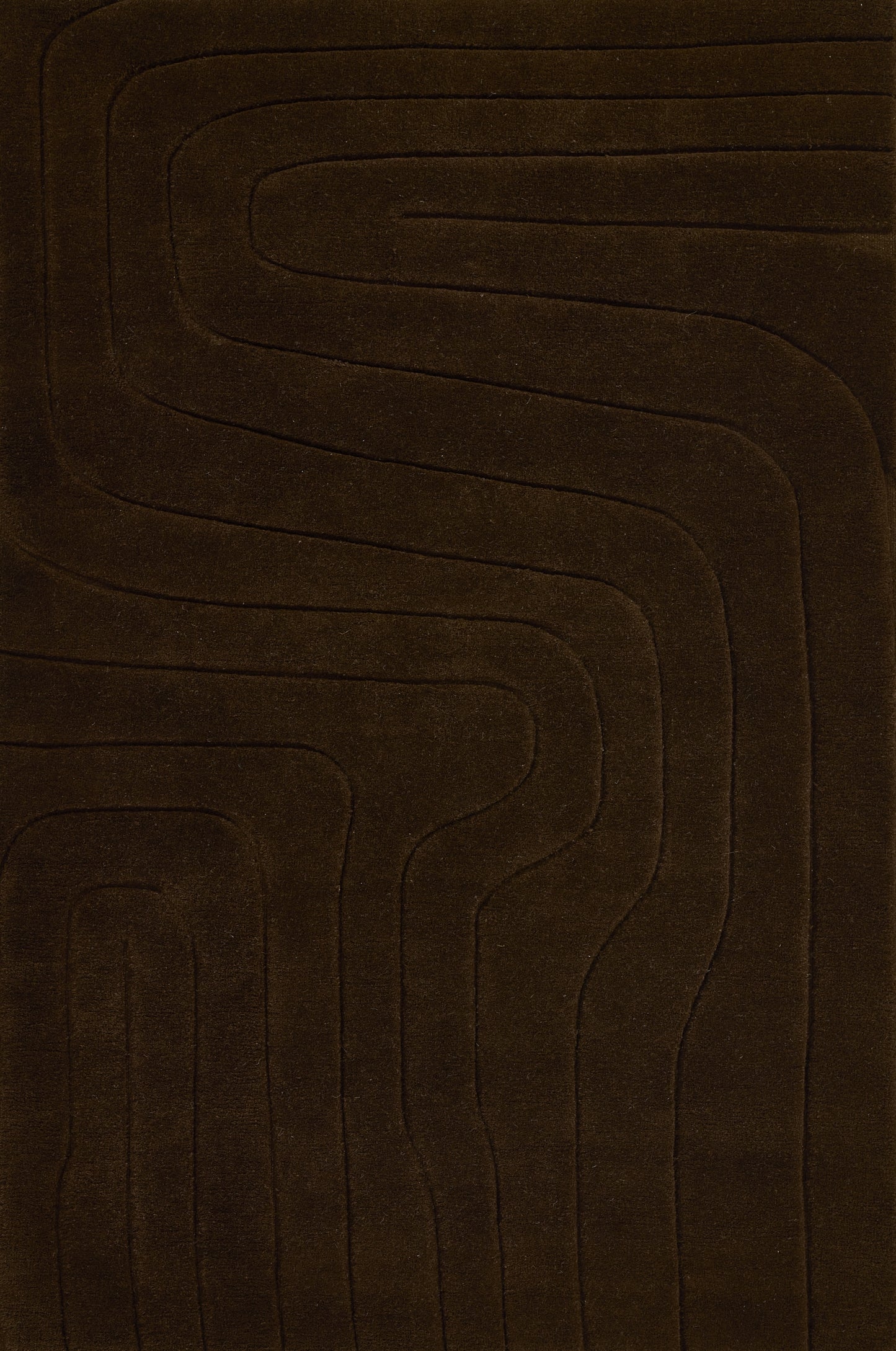 Brown area rug with embossed concentric rectangular channels, soft plush texture, modern geometric style.