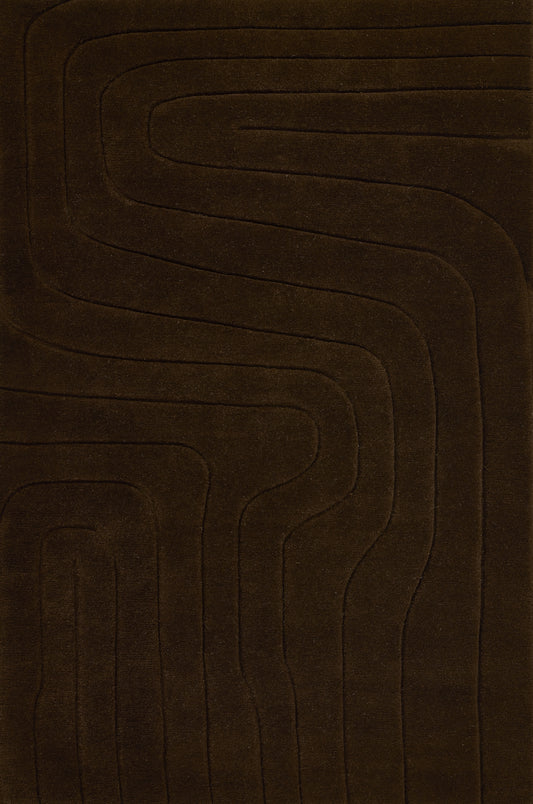 Brown area rug with embossed concentric rectangular channels, soft plush texture, modern geometric style.