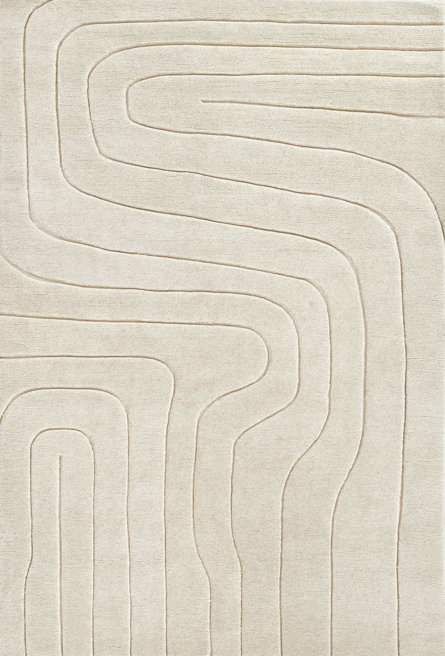 Cream beige rug with embossed curvy labyrinth pattern; plush, textured pile & living-room friendly.