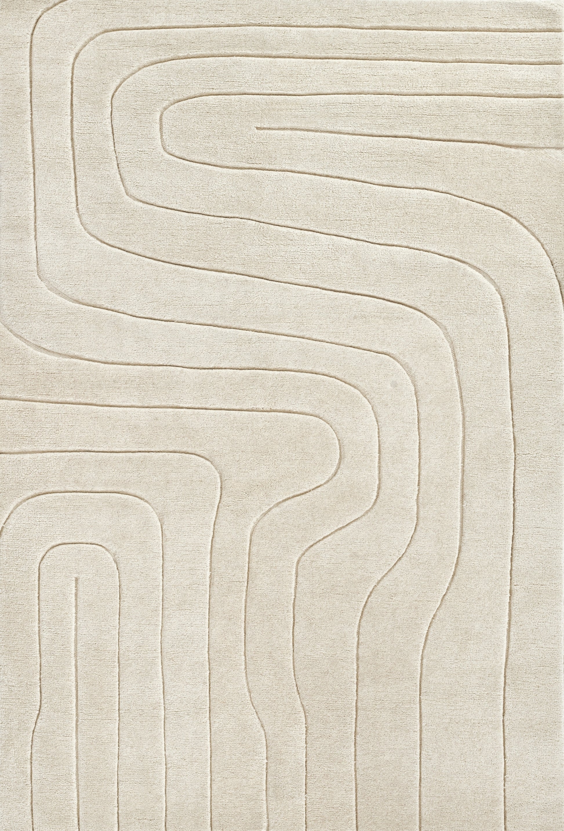 Cream beige rug with embossed curvy labyrinth pattern; plush, textured pile & living-room friendly.
