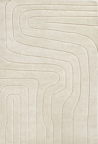 Cream beige rug with embossed curvy labyrinth pattern; plush, textured pile & living-room friendly.